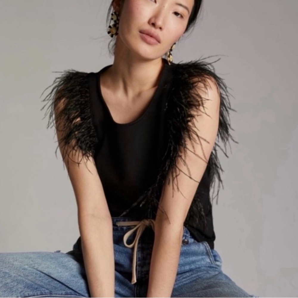 Anthropologie Eva Franco Black Feathered Tank Top